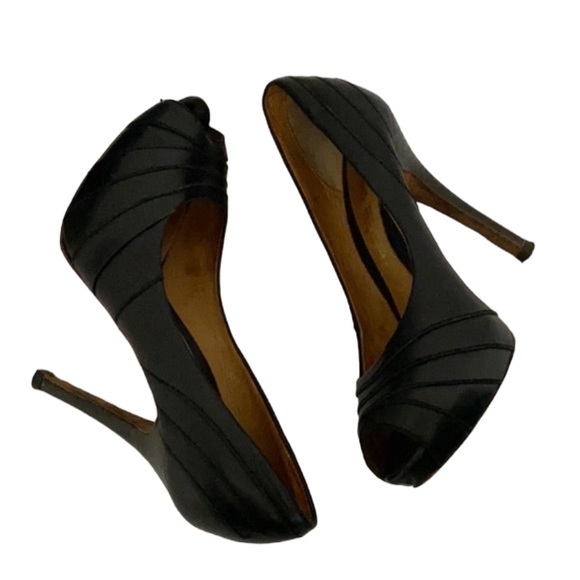 Authentic L.A.M.B. Black leather open toe heels Sz 6.5 - Picture 6 of 8